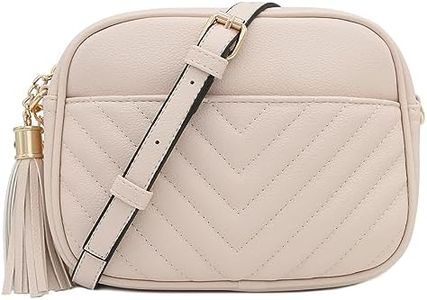 FashionPuzzle Chevron Quilted Crossbody Camera Bag with Chain Strap and Tassel, Nude, One Size