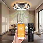 Low Profile Ceiling Fan with Light and Remote Bladeless Bedroom Ceiling Fan with Light, 20in Small Flush Mount Ceiling Fan Dimmable Modern Enclosed Ceiling Fans for Small Room