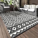 Outdoor Rug Geometric Patio Rug Waterproof Camping Outdoor Carpet Reversible Deck Rugs Portable RV Mat Plastic Straw Rug for Patio Balcony RV Camping Backyard Picnic Black & White 5X8FT