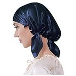 Everkeen 100% Mulberry Silk Night Sleep Cap for Women Hair Beauty Bonnet Sleeping Hat with Adjustable Elastic Ribbon Navy