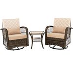 RELAX4LIFE 3PCS Rattan Bistro Set, 360° Swivel Rocking Chair and Table Set with Soft Cushions and Tempered Glass Table, 2 Seaters Patio Garden Furniture Set for Backyard Balcony Poolside