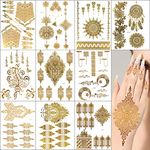 PPVWEY 10 Sheets Flash Gold Temporary Tattoo Sticker Metallic Fake Tattoos Waterproof Glitter Tattoo Sticker for Women Adult Girl Art Paint (Golden)