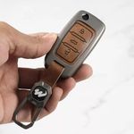 Metal Alloy Leather Key case for Skoda/Volkswagen Cars 3 Button Flip Key (TAN)