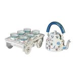 Terosa Blossom Kettle Set I With 6 Glasses & Holder Handicraft Decorative Tea Coffee Set, 1000Ml, White