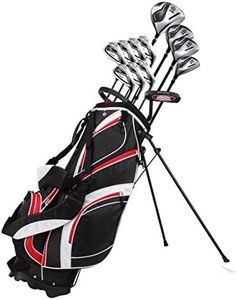 18 Piece Men's Complete Golf Club Package Set With Titanium Driver, #3 & #5 Fairway Woods, #4 Hybrid, 5-SW Irons, Putter, Stand Bag, 4 H/C's (Red, Regular Size)