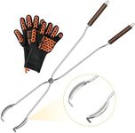 EAST OAK 2 in 1 Fire Pit Tongs and Hook 36'' Poker, Firepit Tools for Wood Fireplaces, Bonfires, Outdoor Fire Rings, Patio and Camping Accessories, with 13" Heat Resistant Gloves, 304 Stainless Steel