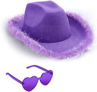 Cowboy Hat with Heart Glasses, Pink Green Blue Purple Halloween Costume Cowgirl Hat for Men Women with Feathers, Western Felt Fluffy Cow Girl Hats, Dress Up Birthday, Bachelorette, Bachelor Party