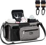 TOPDesign Universal Baby Stroller Organizer, Stroller Caddy with Heightened Insulated Cup Holders & Non-Slip Secure Hooks Accessories, Fits Most Strollers, Machine Washable (Grey)