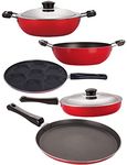 Nirlon Non-Stick 5 Piece Gas Compatible Kitchen Cooking Item Set with Stainless Steel Lid, Red & Black