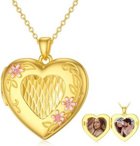 SOULMEET Personalized 10k 14k 18k Solid Gold Heart Daisy Locket Necklace That Holds 2 Pictures Two Tones Diamond Cut Double Heart Lockets (Custom photo)