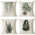 Set of 4 Green Plants Decorative Throw Pillow Covers 18x18 Inch Linen Square Pillow Cases Outdoor Sofa Couch Home Bed Decor Cushion Covers (18 by 18)