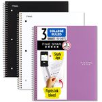 Five Star Spiral Notebook + Study App, 3 Pack, 3 Subject, College Ruled Paper, Fights Ink Bleed, Water Resistant Cover, 8-1/2" x 11", 150 Sheets, Black, White, Purple (820192)