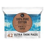 L., Ultra Thin Unscented Pads With Wings, Super Absorbency, 100% Pure Cotton Chlorine Free Top Layer, 42 Count