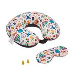 amazon basics Memory Foam Travel Neck Pillow with Eye Mask and Ear Plugs Combo, Unisex, U-Shaped, Happy Holidays, Multicolor