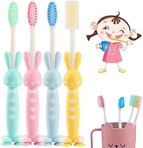 4 cepillos de dientes para niños, diseño de conejo de dibujos animados, cepillos de dientes para niños con cerdas suaves, cepillo de dientes con cerdas extrafinas para niños de 3 a 6 años