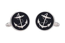 Cufflinks - Round Black Cufflinks With a Ship Anchor Design Presented in an Onyx Art Cufflink Box