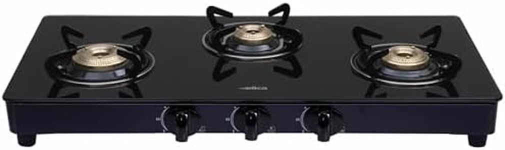 Elica Vetro 3 Burner Auto Ignition Gas Stove | 773 CT VETRO BLK AI | Brass Burners | Toughened Glass Top | Euro Coated Pan Support | 7-Year Glass Warranty | Black