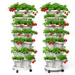 Lykvrii 7 Tiered Strawberry Planters 2 Pack, Vertical Stackable Planter, Herb Stacking Tower Garden, Flower and Vegetable Planters with Support Pole Indoor & Outdoor with Removable Wheels - White