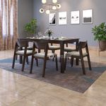 DRIFTINGWOOD Liana Solid Sheesham Wood Dining Table 6 Seater | Wooden Six Seater Dinning Table with Beige Cushion Chairs | Dinner Table 6 Seater | Dining Room Sets | Self Assembly Walnut Finish