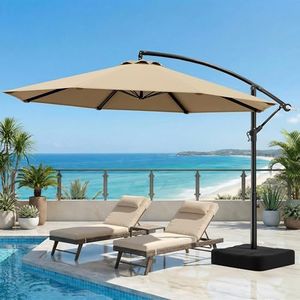 OLILAWN 10ft Patio Umbrella with Base Included, Christmas Outdoor Offset Cantilever Umbrella Upgraded Yarn-dyed Fabric Shade, Sturdy 8 Rids, Easy Tilt Adjustment, for Pool Deck Porch Backyard Garden,Beige