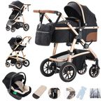 Gcarebb 3 in 1 Prams Travel System, Pushchair with Height Adjustable Handle, Travel Pram with Mosquito Net, Baby Stroller with Aluminum Frame for Newborn 0-4 Years