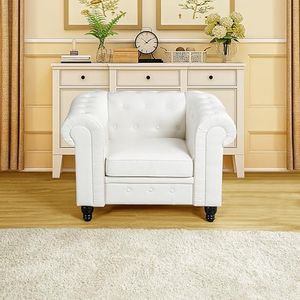 Emery Chesterfield Single Sofa Chair for Living Room, Mid Century Chair Rolled Arms, Tufted Cushion, Solid Wooden Legs Reading Chairs for Bedroom Comfy Easy Tool-Free Assembly, Off White, Air Leather