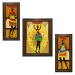 Indianara 3 PC Set of African Women Paintings (1488) Without Glass 5.2 X 12.5, 9.5 X 12.5, 5.2 X 12.5 inch