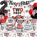 Two Fast Birthday Decor Dinnerware For Boy, 2 Fast Birthday Decorations Include Plate, Cup, Napkin, Backdrop, Banner, Tablecloth, Balloon, Cutlery, and Topper