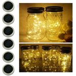 6 Pack Mason Jar Lights, 20 LED Solar Warm White Fairy String Lights Lids Insert for Garden Deck Patio Party Wedding Christmas Decorative Lighting Fit for Regular Mouth Jars