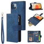 RANYOK Wallet Case for iPhone 14 [6.1 inch] with RFID Blocking Credit Card Holder, Premium PU Leather [Zipper Pocket] Flip Folio Case Wallet with Wrist Strap Kickstand Protective Case (Blue)