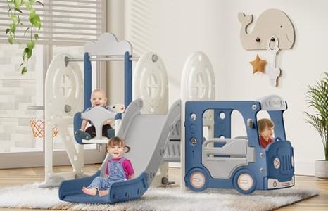 BIERUM 5 in 1 Toddler Slide and Swing Set, Kid Slide for Toddlers Age 1-3, Bus Themed Baby Slide with Basketball Hoop, Indoor Outdoor Slide Toddler Playset Toddler Playground Blue Gray