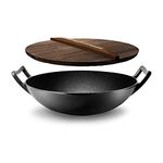 NutriChef Cast Iron Wok Pan, 43cm/17Inch Induction Chinese Wok, Heavy Duty Nonstick Wok or Stir Fry Skillet with Lid, Compatible with All Cooktops, Deep Round Bottomed Wok Pan for Home/Restaurant