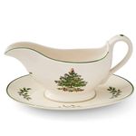 Spode Christmas Tree Collection Gravy Boat and Stand, Sauce Boat, and Tray, 9-Ounce, Made of Fine Porcelain, for Gravy, Warming Sauces, Holiday Party Dish, Microwave and Dishwasher Safe