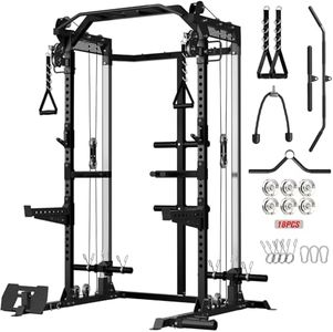Mikolo Power Cage, 2000LB Power Rack with Independent Dual Pulley System, Multi-Function Home Gym Workout Machine for Cable Crossover (Black,Aluminum Pulleys)