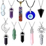 Jetcloud 10Pcs Women Necklace Set Healing Crystal Pendant Vintage Evil Eye Necklace Fashion Moon Sun Jewelry Hexagonal Amethyst Stone Necklace for Women Girl, Multicolor