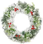 Winter Wreaths for Front Door, Outdoor Christmas Wreath Large White Xmas Reef Decorations with Snow Flocking, Green Leaf and Red Berry 16" 20 inch Handmade Premium Holiday Indoor Outside Decor