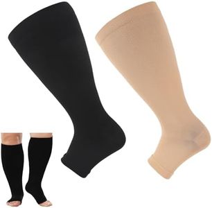 2 Pack Flight Socks for Women Large Calves, Plus Size Wide Calf Compression Socks, Toeless Open Toe Compression Socks for Women - For Support Flight Travel Pregnancy 20-30 mmhg 3XL (Black skin color)