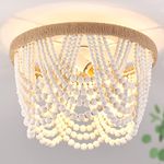 Capslpad Wood Beaded Flush Mount Ceiling Light Antique Rustic Mini Chandelier 3-Light Boho Light Fixture White Finishing for Dining Room,Nursery Room, Bedroom,Girl Room,Hallway,Entryway,Passway