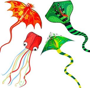 4 Pack Kites - Large Fire Dragon Kite Green Snake Kite Devil Fish Kite Red Mollusc Octopus with Long Colorful Tail for Kids Adults Outdoor Game Activities