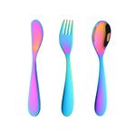 Rainbow Children Cutlery Metal, 3 Pcs Stainless Steel Kids Flatware Set with Knife/Fork/Spoon, Todler Silverware Healthy & Mirror Polished, Dishwasher Safe