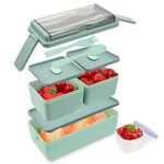 Bugucat Bento Lunch Box 1400ML, Stackable Lunch Box Bento Boxes,2 Layer 3 Compartments Leak Proof Lunchbox,Lunch Box with Compartments for Adults Kids,Container Meal Prep Containe with Cutlery,Green