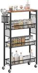 YITAHOME Kitchen Cart with Wheels, 4-Tier Slim Storage Cart, Mobile Utility Cart with Wooden Tabletop and Mesh Baskets, 19.2''x 7.3''x 34.3'', Rolling Cart for Kitchen, Bathroom, Laundry Room