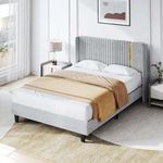 DWVO Queen Size Bed Frame, Platform Upholstered Bed Frame with Headboard, Storage Metal Queen Bed Frame Strong Wooden Slats, No Box Spring Needed, Fast Assembly, Gold and Grey