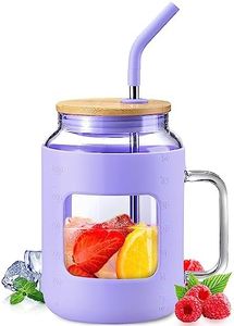 WINSA 50 oz Glass Water Bottles with Silicone Sleeve,Glass Tumbler with Lid and Straw,Iced Coffee Cup with Handle,BPA Free-Purple