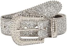 GORGLITTER Women's Rhinestone Belt Sparkly Wide Belt for Western Cowgirl Jeans Pants Silver suit waist size:33.5-37.4"