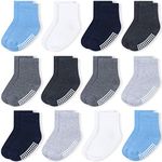 JAKIDAR 12 Pack Baby Socks Cotton Crew Toddler Socks Grips Non Slip Bottom Kids Socks, Blue 2-4T