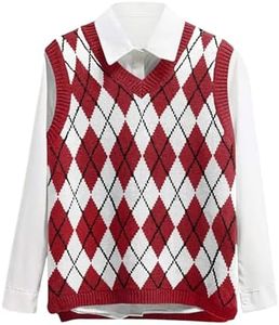 Lailezou Women's V Neck Knit Sweater Vest Argyle Plaid Preppy Style Sleeveless Crop Knitwear Tank, Wine Red, Small