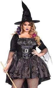 Leg Avenue Women's Plus Size 2 Piece Black Magic Mistress – Sexy High Low Dress with Witch Hat Halloween Costume Set, 1X / 2X