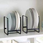 MINGFANITY 2PCS Plate Holders Organizer, Metal Dish Storage Dying Display Rack for Cabinet, Counter and Cupboard - Black， Small