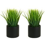 MyGift Tabletop Artificial Green Grass Plants in Modern Round Black Cement Pots, Set of 2